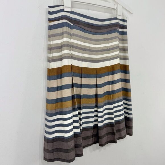 Banana Republic Brown Blue Cream Horizontal Striped A Line Pleated Linen Skirt - Picture 4 of 15